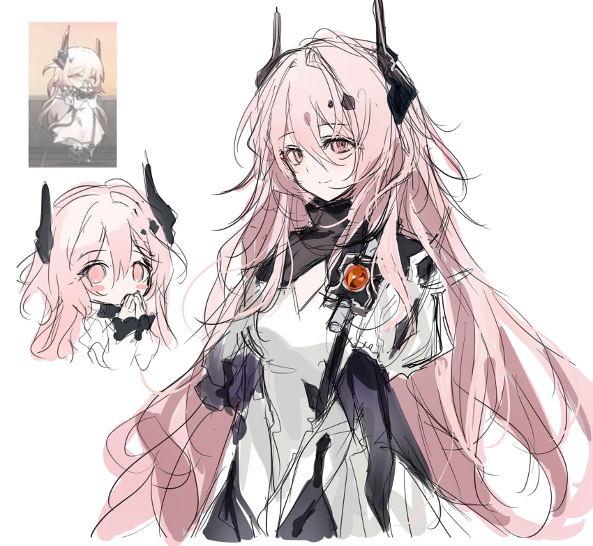 1girl arknights black_horns blush_stickers closed_mouth dress highres horns long_hair looking_at_viewer looking_to_the_side multiple_views pink_eyes pink_hair simple_background smile theresa_(arknights) upper_body very_long_hair white_background white_dress xx9106