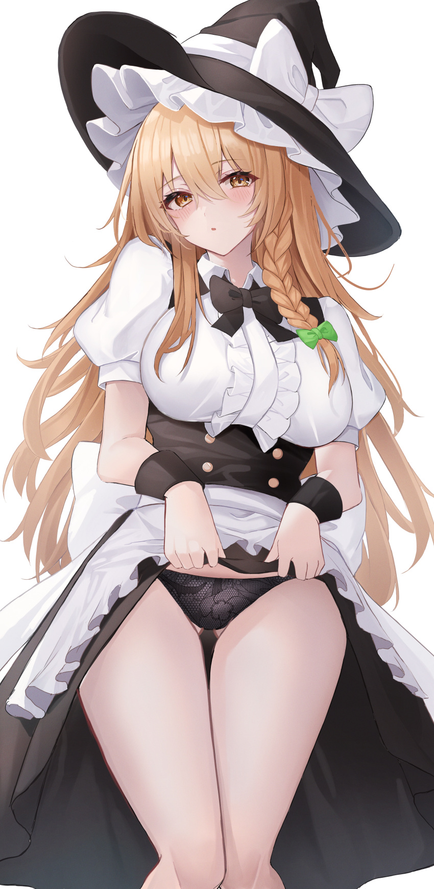 1girl 7saki :o absurdres black_hat black_panties blonde_hair bow braid clothes_lift frilled_headwear hair_between_eyes hat hat_bow highres kirisame_marisa long_hair looking_at_viewer panties shirt simple_background single_braid skirt skirt_lift solo standing thighs touhou underwear white_background white_bow white_shirt witch_hat yellow_eyes