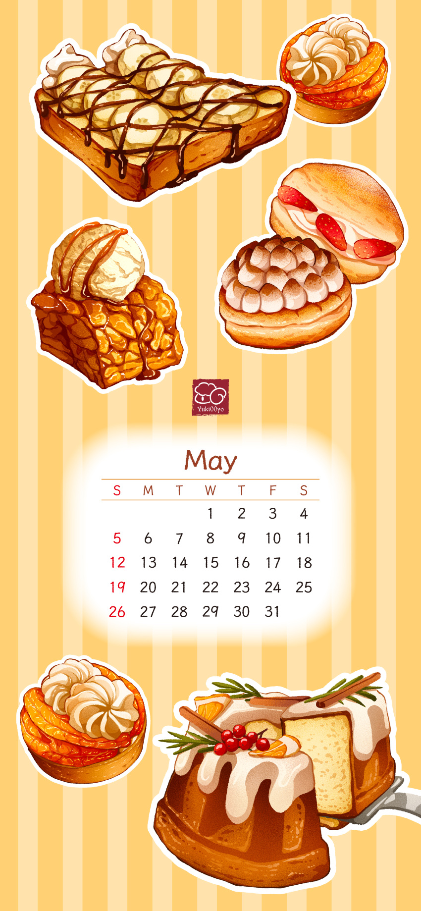 absurdres banana banana_slice bread cake calendar_(medium) chocolate_syrup dessert food food_focus fruit highres icing no_humans original pastry still_life whipped_cream yuki00yo