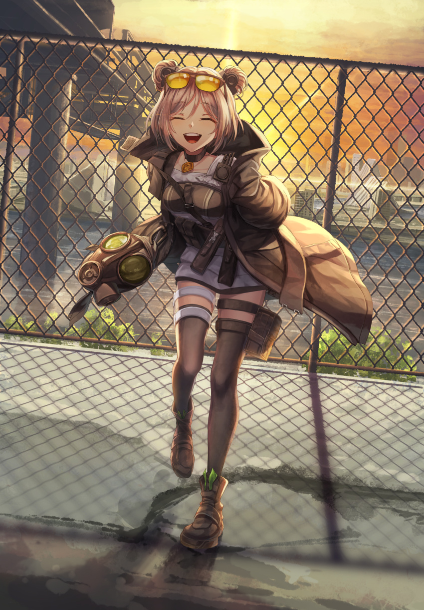 1girl :d absurdres black_coat black_gloves blush breasts bridge building bullpup chain-link_fence choker cityscape closed_eyes cloud coat commentary_request double_bun dress dutch_angle eyewear_on_head facing_viewer fence full_body gas_mask girls'_frontline gloves gun hair_bun hair_ornament highres jacket leaning_forward load_bearing_equipment magazine_(weapon) mask open_clothes open_coat open_mouth orange_sky outdoors p90 p90_(girls'_frontline) partially_fingerless_gloves pouch revision scenery sidelocks sky smile solo standing standing_on_one_leg submachine_gun sunglasses sunset thigh_strap thighhighs tinted_eyewear tree vikpie weapon white_dress