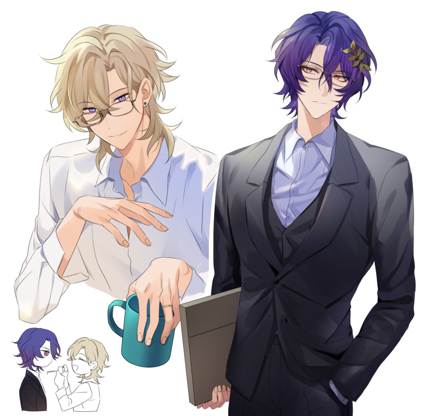 2boys alternate_costume aventurine_(honkai:_star_rail) blonde_hair blue_hair closed_mouth coffee_mug collared_shirt cup dr._ratio_(honkai:_star_rail) earrings glasses hair_between_eyes hair_ornament highres holding honkai:_star_rail honkai_(series) jewelry long_sleeves male_focus mug multicolored_eyes multiple_boys red_eyes shirt short_hair suit takoyaki_(ct_esb) two-tone_eyes white_background white_shirt