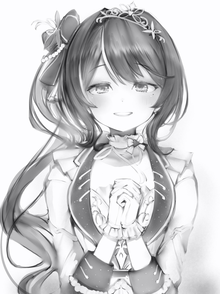 1girl absurdres azki_(hololive) gloves greyscale highres hololive light_blush long_hair mole mole_under_eye monochrome nanashi_(nlo) own_hands_together parted_lips side_ponytail simple_background smile solo upper_body virtual_youtuber