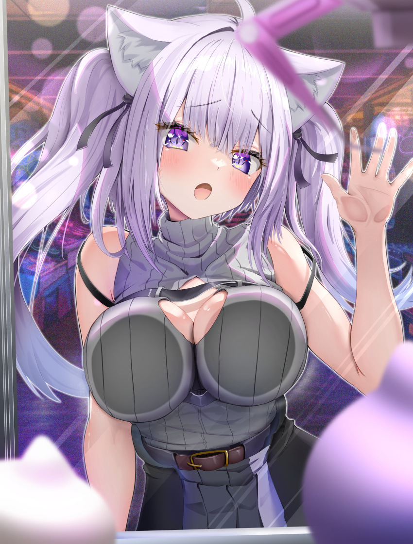 1girl absurdres against_glass animal_ear_fluff animal_ears arcade bare_shoulders belt black_ribbon black_shirt black_skirt blurry blurry_background blurry_foreground blush breast_press breasts breasts_on_glass cat_ears cat_girl chest_harness cleavage_cutout clothing_cutout hair_ribbon harness highres hololive large_breasts long_hair nekomata_okayu nekomata_okayu_(8th_costume) purple_eyes purple_hair ribbon shirt skirt sleeveless sleeveless_shirt solo stuffed_toy torakichi_888 twintails virtual_youtuber