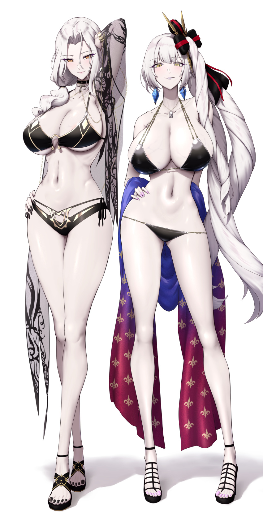 2girls absurdres arm_up bikini black_bikini breasts brown_eyes carmilla_(fate) carmilla_(swimsuit_rider)_(fate) carmilla_(swimsuit_rider)_(third_ascension)_(fate) cleavage commentary_request fate/grand_order fate_(series) fingernails full_body hand_on_own_hip high_heels highres huge_breasts jewelry large_breasts long_hair looking_at_viewer marie_antoinette_(alter)_(fate) marie_antoinette_(fate) midriff multiple_girls nail_polish navel necklace paid_reward_available pale_skin shiroshisu simple_background standing stomach swimsuit thighs white_background white_hair yellow_eyes