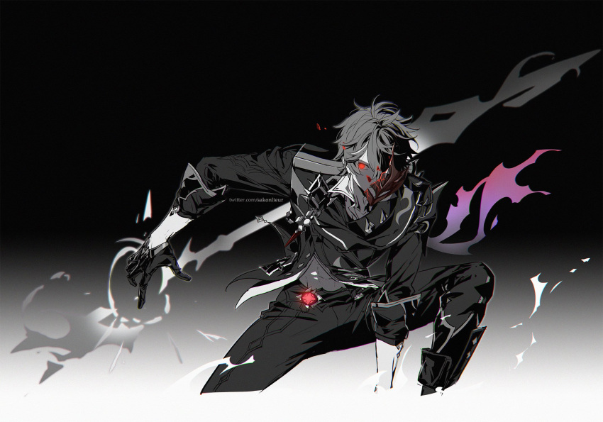 1boy artist_name belt black_background broken_mask cape collared_shirt commentary cropped_legs crossed_bangs delusion_(genshin_impact) fighting_stance genshin_impact gloves glowing glowing_eye gradient_background greyscale hair_between_eyes half_gloves highres jacket long_sleeves looking_at_viewer male_focus mask monochrome one_eye_covered pants polearm popped_collar red_eyes sakon04 shirt short_hair simple_background sleeves_rolled_up solo spot_color stomach symbol-only_commentary tartaglia_(genshin_impact) twitter_username v-shaped_eyebrows weapon white_background
