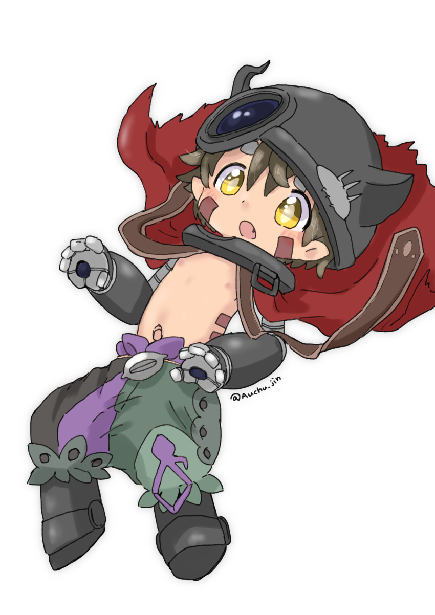 1boy :o auchu_jin brown_hair cape chibi child fake_horns green_shorts hair_between_eyes helmet highres horned_headwear horned_helmet horns light_blush looking_at_viewer made_in_abyss mechanical_arms mechanical_hands mechanical_legs multicolored_clothes multicolored_shorts navel nipples open_mouth pointy_ears purple_shorts red_cape regu_(made_in_abyss) robot sharp_teeth shorts solo teeth topless_male upper_teeth_only white_background yellow_eyes