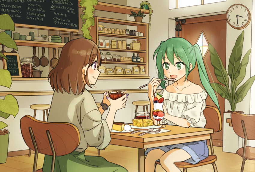 2girls :d analog_clock bare_shoulders blue_shorts blush brown_hair cafe cake chalkboard_sign clock closed_mouth collarbone day drink eye_contact food frying_pan green_eyes green_hair green_skirt grey_shirt hair_between_eyes holding holding_drink holding_spoon indoors inverted_watch long_hair looking_at_another matsumine_(twin-mix) multiple_girls off-shoulder_shirt off_shoulder open_mouth original parfait plant plate potted_plant profile purple_eyes shirt shop_bell shorts sidelocks sitting skirt smile spoon table twintails watch white_shirt wooden_chair wooden_table wristwatch