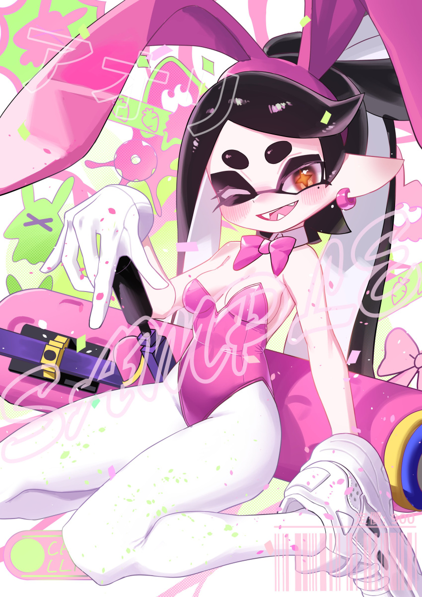 +_+ absurdres animal_ears bow-shaped_hair callie_(splatoon) earrings gloves highres inkling jewelry mole mole_under_eye object_on_head one_eye_closed open_mouth paint_splatter pantyhose playboy_bunny pointy_ears ppuna rabbit_ears sample_watermark splat_roller_(splatoon) splatoon_(series) splatoon_1 splatoon_2 splatoon_3 tentacle_hair watermark white_footwear white_gloves white_pantyhose