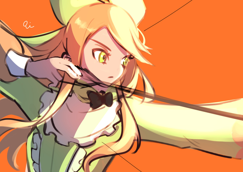 1girl absurdres aiming arrow_(projectile) black_bow black_bowtie bow bow_(weapon) bowtie etie_(fire_emblem) fire_emblem fire_emblem_engage green_bow green_eyes green_shirt highres holding holding_arrow holding_bow_(weapon) holding_weapon hooded_top orange_background orange_hair pokomi_9 shirt weapon