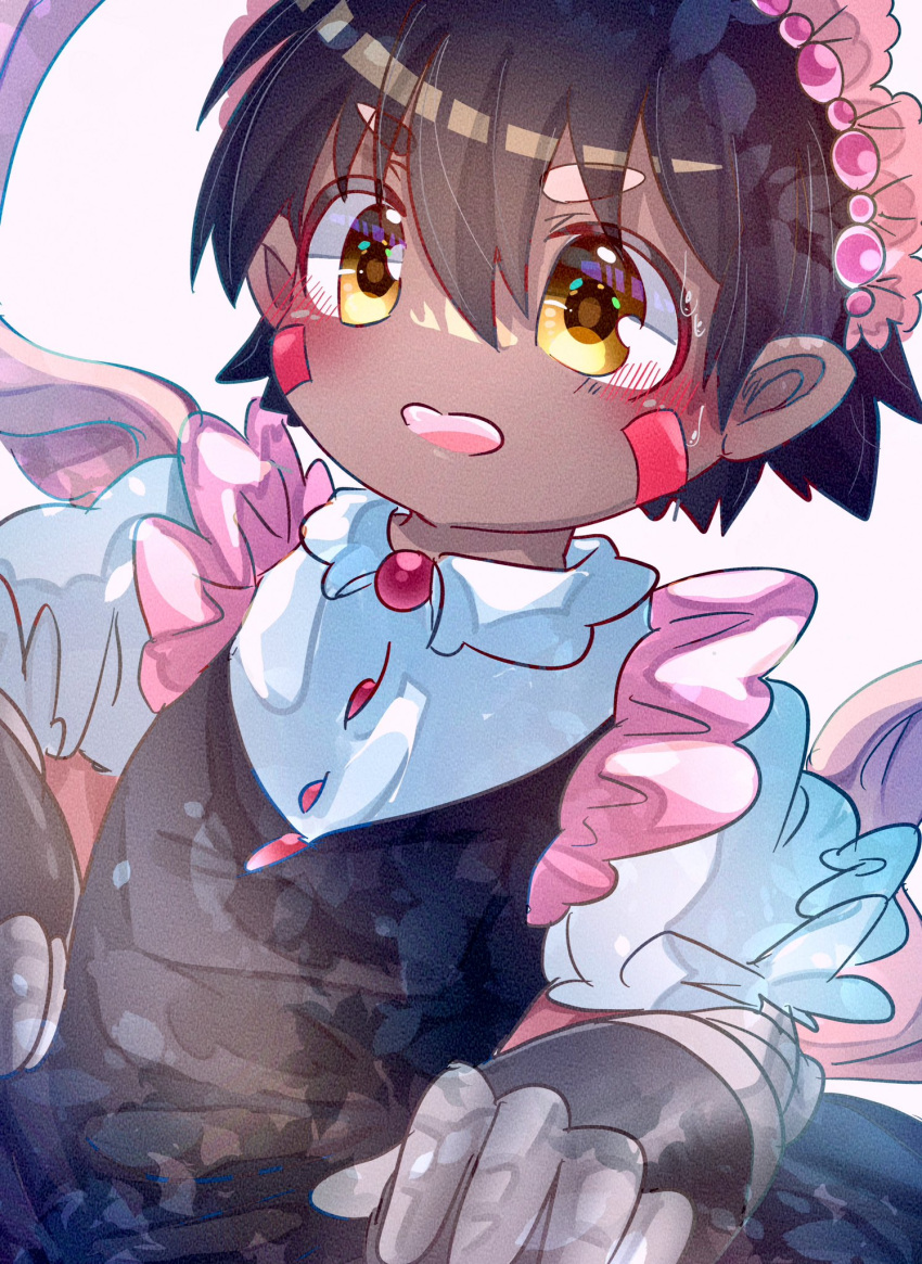 1boy alternate_costume amin_(310732) apron blush brown_eyes brown_hair child crossdressing dark-skinned_male dark_skin enmaided facial_mark fake_horns feminization hair_between_eyes hair_ornament headband highres horns made_in_abyss maid maid_apron maid_headdress male_focus mechanical_arms mechanical_hands multicolored_clothes no_ribbon open_mouth pink_headband pointy_ears red_button regu_(made_in_abyss) robot shirt simple_background solo two-tone_eyes unconventional_maid v-shaped_eyebrows white_background white_shirt yellow_eyes