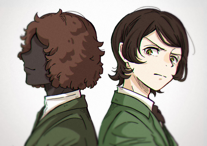 2boys back-to-back black_bow black_bowtie black_hair black_skin bow bowtie brown_hair bungou_stray_dogs closed_mouth collared_shirt colored_skin commentary_request curly_hair faceless frown ghost green_jacket green_kimono highres jacket japanese_clothes kimono looking_at_another male_focus multiple_boys mushitarou_oguri_(bungou_stray_dogs) norimizu shirt short_hair simple_background smile swept_bangs upper_body white_shirt yellow_eyes yokomizo_(bungou_stray_dogs) yukata