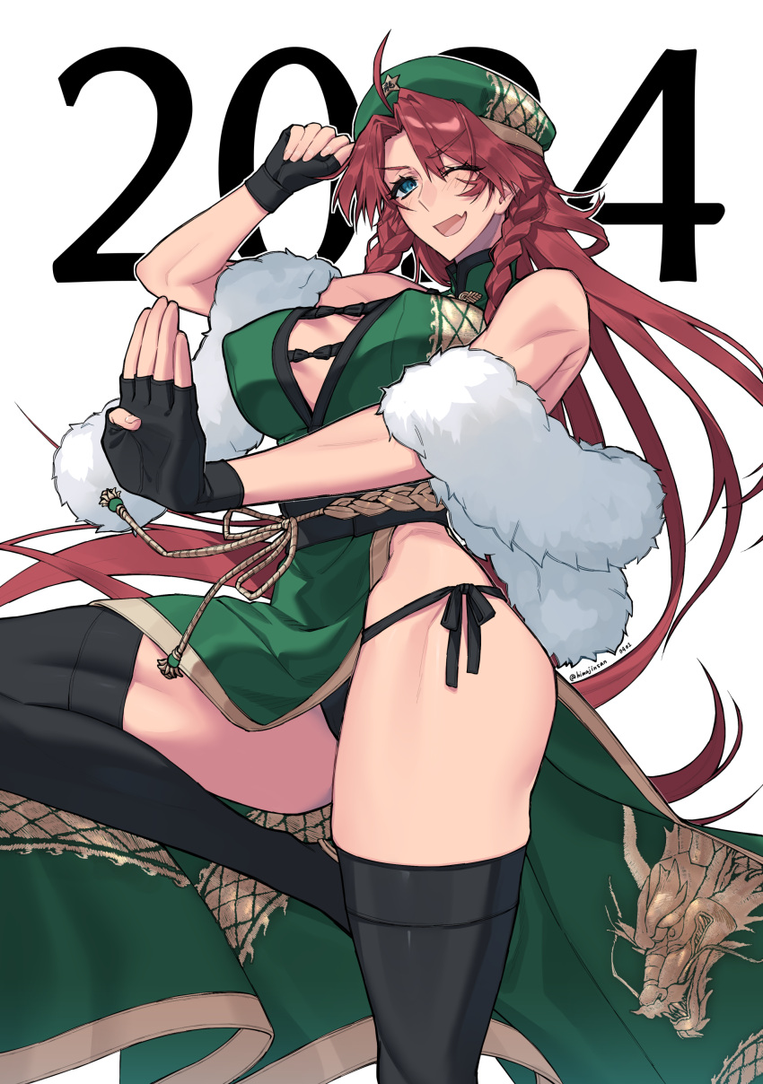 1girl 2024 absurdres bare_shoulders beret black_panties blue_eyes braid breasts china_dress chinese_clothes chinese_new_year cleavage cleavage_cutout clothing_cutout dragon_print dress fang fingerless_gloves gloves green_hat hair_ornament hat hat_ornament highres himadera hong_meiling large_breasts long_hair looking_at_viewer mob_cap open_mouth panties pelvic_curtain print_dress red_hair side-tie_panties side-tie_peek side_slit simple_background skin_fang sleeveless sleeveless_dress smile solo star_(symbol) star_hat_ornament string_panties thighhighs thighs toned touhou twin_braids twitter_username underwear white_background