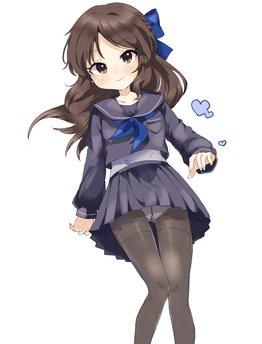 1girl black_pantyhose blue_neckerchief blue_ribbon blue_sailor_collar blue_serafuku blue_shirt blue_skirt blush bow brown_eyes brown_hair closed_mouth dot_nose flat_chest floating_hair from_below hair_bow hair_ribbon heart highres idolmaster idolmaster_cinderella_girls idolmaster_cinderella_girls_starlight_stage long_hair long_sleeves looking_at_viewer neckerchief panties pantyhose pantyshot pigeon-toed pleated_skirt remiri_nicoeli ribbon sailor_collar school_uniform serafuku shirt simple_background skirt smile solo standing tachibana_arisu underwear white_background white_panties white_shirt