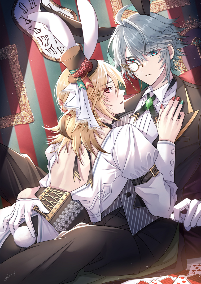 2boys alhaitham_(genshin_impact) animal_ears antenna_hair aono_(aono_pic) aqua_eyes artist_name backless_outfit black_corset black_hat black_jacket black_pants blonde_hair blush brooch buttons card clock closed_mouth collared_shirt commentary_request corset diamond_(shape) eight_of_hearts empty_picture_frame eyewear_strap fake_animal_ears fake_tail flower frown gem genshin_impact gloves green_gemstone grey_hair grey_vest hair_between_eyes hair_ornament hairclip half_gloves hat hat_flower heart highres indoors jacket jewelry kaveh_(genshin_impact) lapels light_particles long_hair long_sleeves looking_at_viewer looking_back male_focus mini_hat mini_top_hat monocle multiple_boys neck_ribbon open_clothes open_jacket pants parted_bangs parted_lips picture_frame pinstripe_pattern pinstripe_vest playing_card puffy_long_sleeves puffy_sleeves rabbit_boy rabbit_ears rabbit_tail raised_eyebrows red_eyes red_flower red_rose ribbon roman_numeral rose serious seven_of_diamonds shirt short_hair sidelocks signature sitting striped_clothes striped_vest swept_bangs tail ten_of_diamonds top_hat vertical-striped_clothes vertical-striped_vest vest white_gloves white_shirt x_hair_ornament yaoi