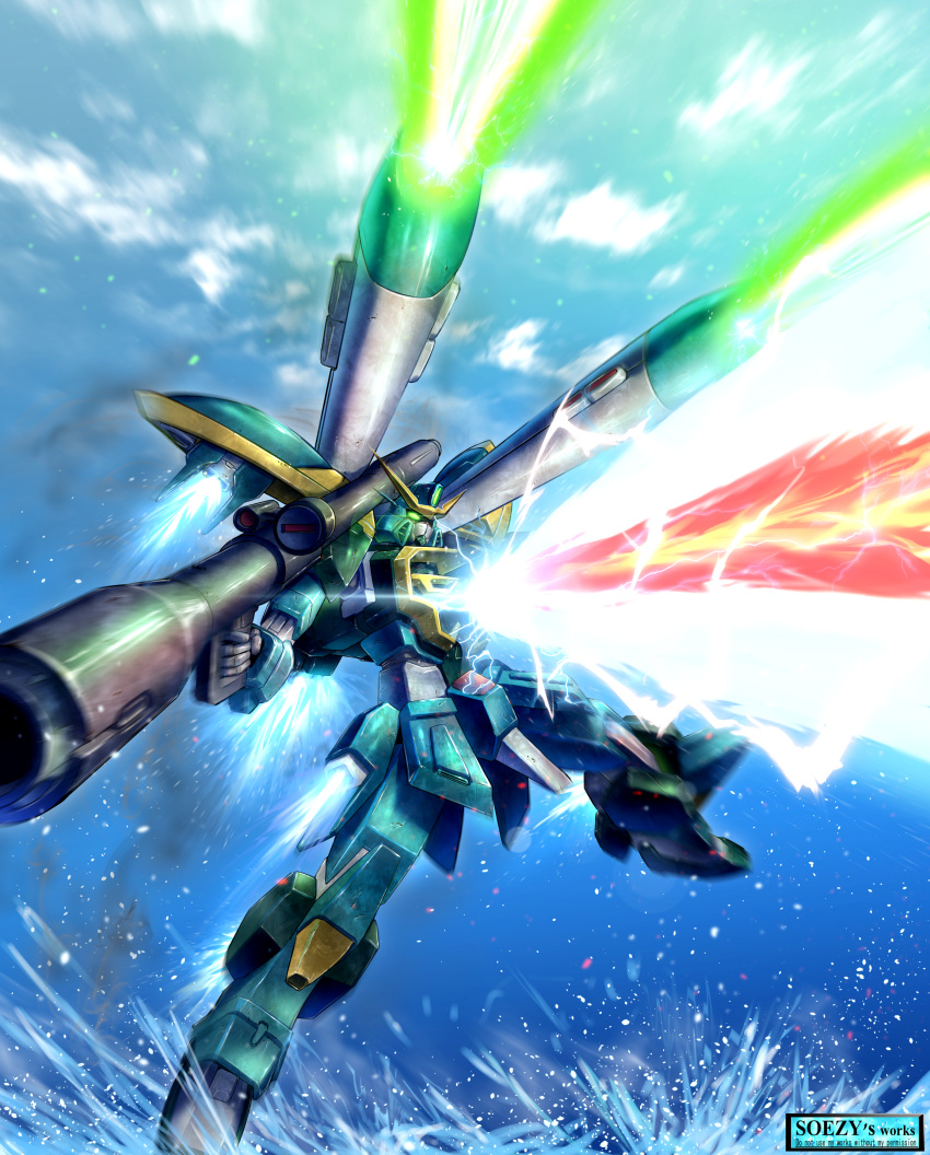 absurdres assassin_silver calamity_gundam cloud firing green_eyes gun gundam gundam_seed highres holding holding_gun holding_weapon laser mecha mecha_focus mobile_suit no_humans robot shoulder_cannon sky solo v-fin water weapon