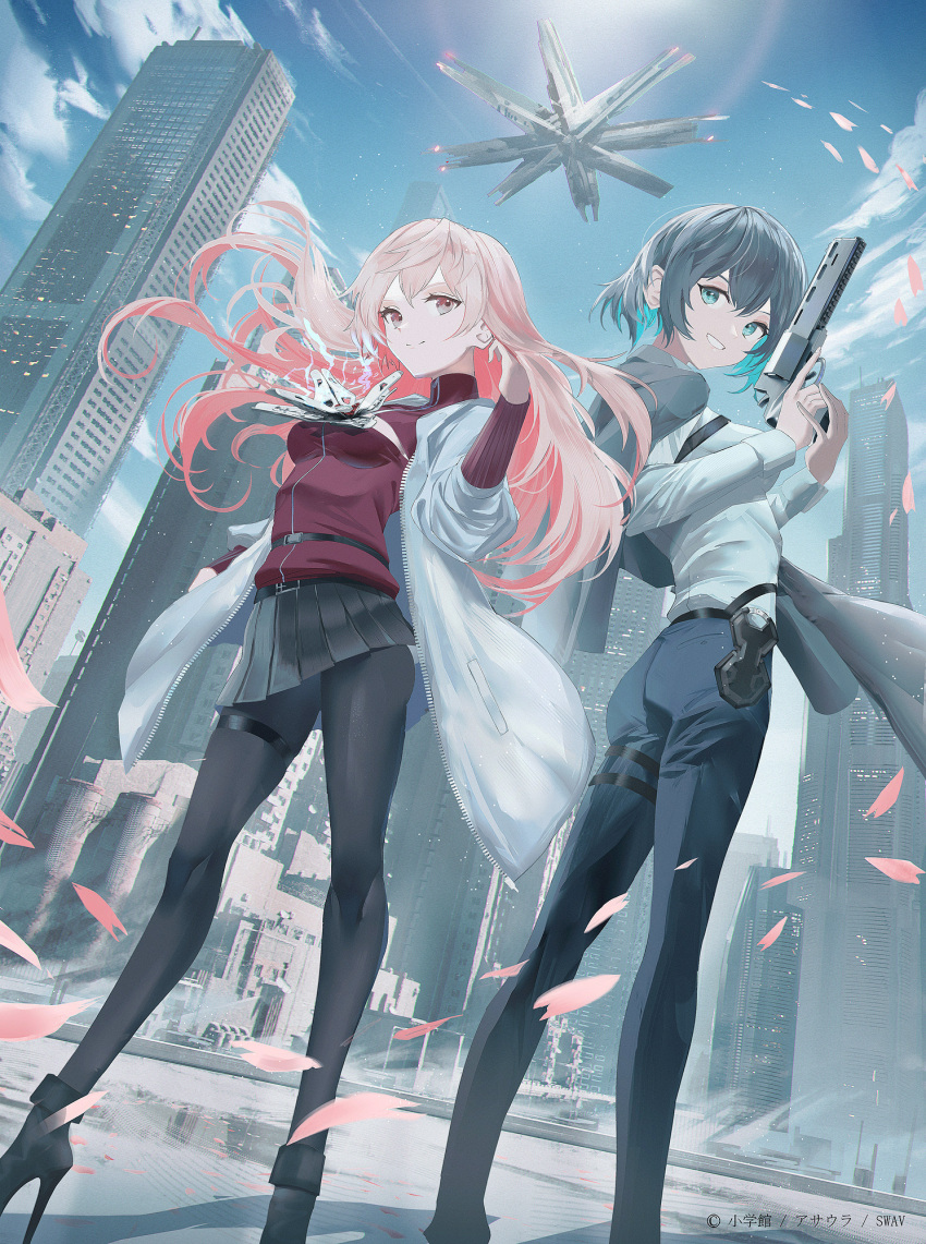 2girls ankle_boots aqua_eyes black_hair black_skirt blue_hair boots cityscape colored_inner_hair double_helix_blossom grin gun handgun harness high_heel_boots high_heels highres holding holding_gun holding_weapon jacket jacket_on_shoulders long_hair looking_at_viewer multicolored_hair multiple_girls off_shoulder official_art pants pantyhose petals pink_eyes pink_hair pouch revolver shinonome_kiku shirt shoes short_hair skirt smile sneakers swav thigh_pouch trigger_discipline tsukisagari_kyo two-tone_hair weapon white_shirt