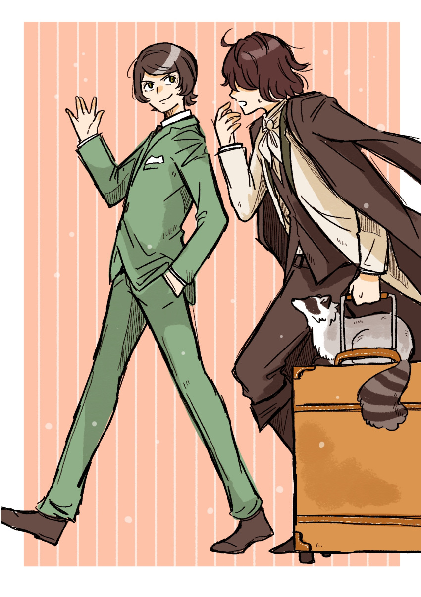 2boys ahoge animal black_hair black_jacket black_pants boots border brown_footwear brown_hair bungou_stray_dogs closed_mouth collared_shirt commentary_request edgar_allan_poe_(bungou_stray_dogs) green_jacket green_pants hand_in_pocket hand_up highres holding holding_suitcase jacket jacket_on_shoulders long_sleeves male_focus multiple_boys mushitarou_oguri_(bungou_stray_dogs) neckerchief norimizu open_mouth pants raccoon shirt shoes short_hair simple_background smile suit suitcase swept_bangs vest white_border white_neckerchief white_shirt yellow_eyes