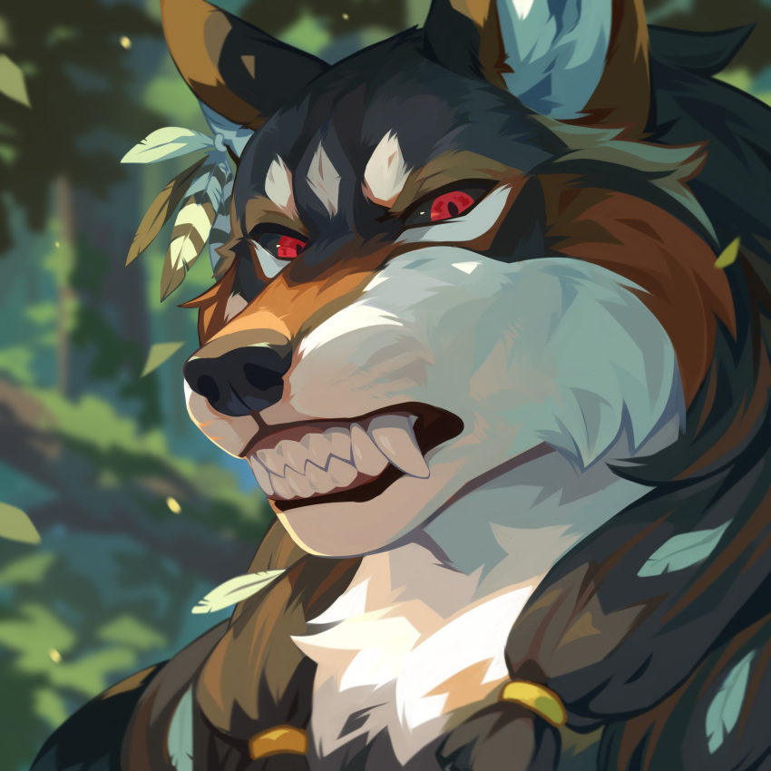 absurd_res anthro bared_teeth black_body black_fur black_sclera blurred_background brown_body brown_fur bust_portrait cheek_tuft chest_tuft corzh77 facial_tuft fangs fur hi_res male outside plant portrait red_eyes solo teeth tree tuft white_body white_fur