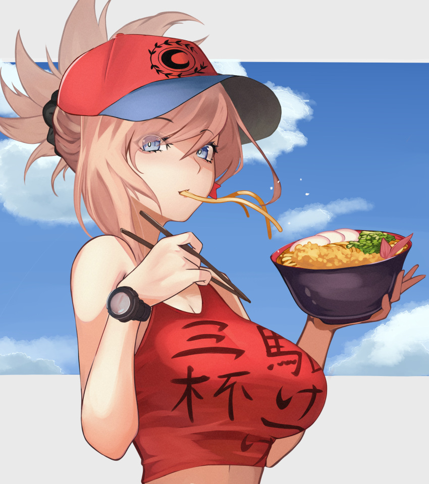 1girl absurdres asymmetrical_hair bare_shoulders baseball_cap blue_eyes breasts chopsticks earrings eating eyewear_hang fate/grand_order fate_(series) food genshu_doki hat highres holding holding_chopsticks jewelry large_breasts long_hair looking_at_viewer midriff miyamoto_musashi_(fate) miyamoto_musashi_(traveling_outfit)_(fate) noodles pants pink_hair ponytail red_hat red_tank_top solo tank_top udon unworn_eyewear upper_body