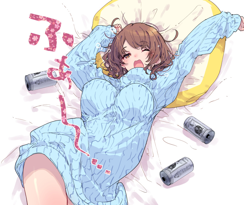 1girl arms_up beer_can blue_sweater breasts brown_hair can commentary_request cowboy_shot drink_can hamayumiba_sou hanayamata head_on_pillow highres large_breasts long_sleeves looking_at_viewer lying no_pants on_back on_bed one_eye_closed open_mouth orange_eyes shadow solo squeans sweater tokiwa_sari translation_request waking_up white_background yawning