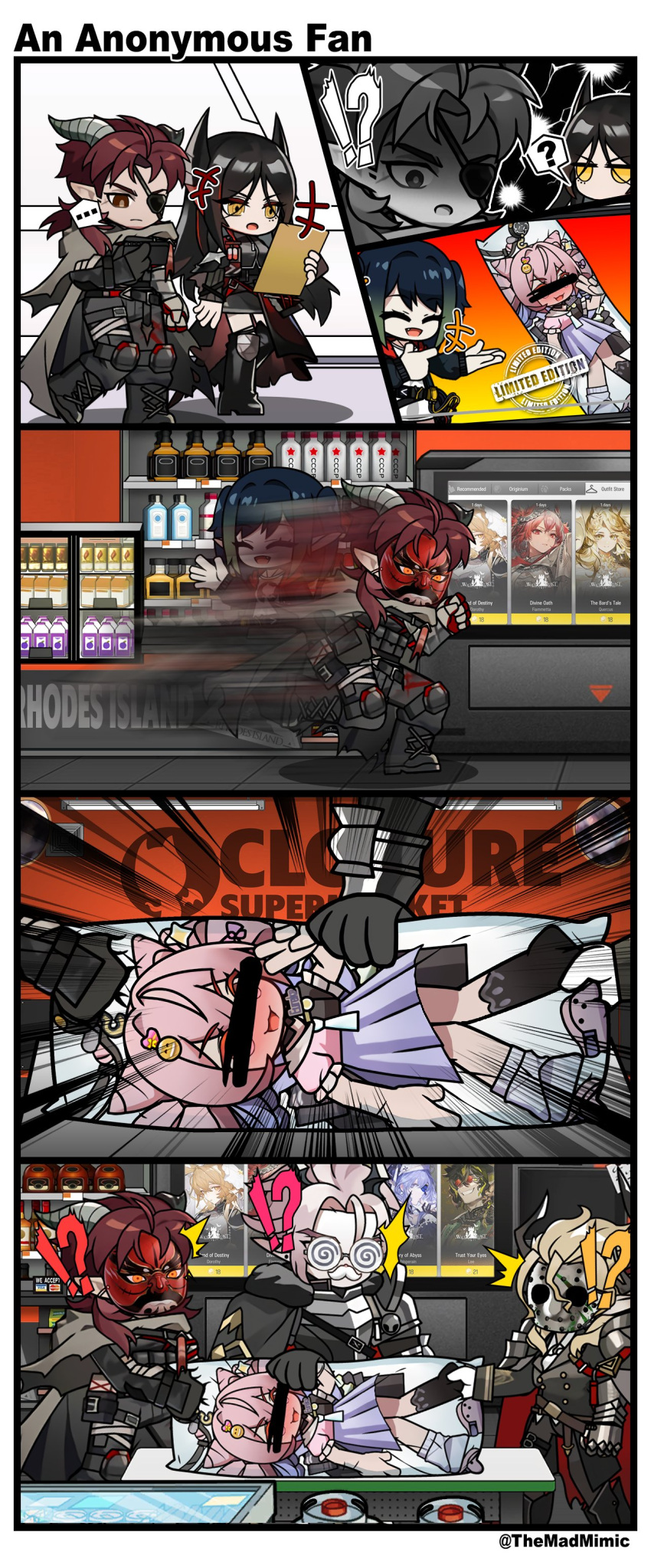 2girls 3boys absurdres arknights bar_censor censored closure_(arknights) coke-bottle_glasses dakimakura_(object) demon_boy demon_horns dorothy_(arknights) dorothy_(hand_of_destiny)_(arknights) eyepatch fake_facial_hair fake_mustache fiammetta_(arknights) fiammetta_(divine_oath)_(arknights) glasses highres hockey_mask hoederer_(arknights) horns identity_censor ines_(arknights) kabuki lee_(arknights) lee_(trust_your_eyes)_(arknights) manfred_(arknights) mask multiple_boys multiple_girls pillow quercus_(arknights) quercus_(the_bard's_tale)_(arknights) shop surprised the_mad_mimic theresis_(arknights) u-official_(arknights) vampire whisperain_(arknights) whisperain_(priory_of_abyss)_(arknights)