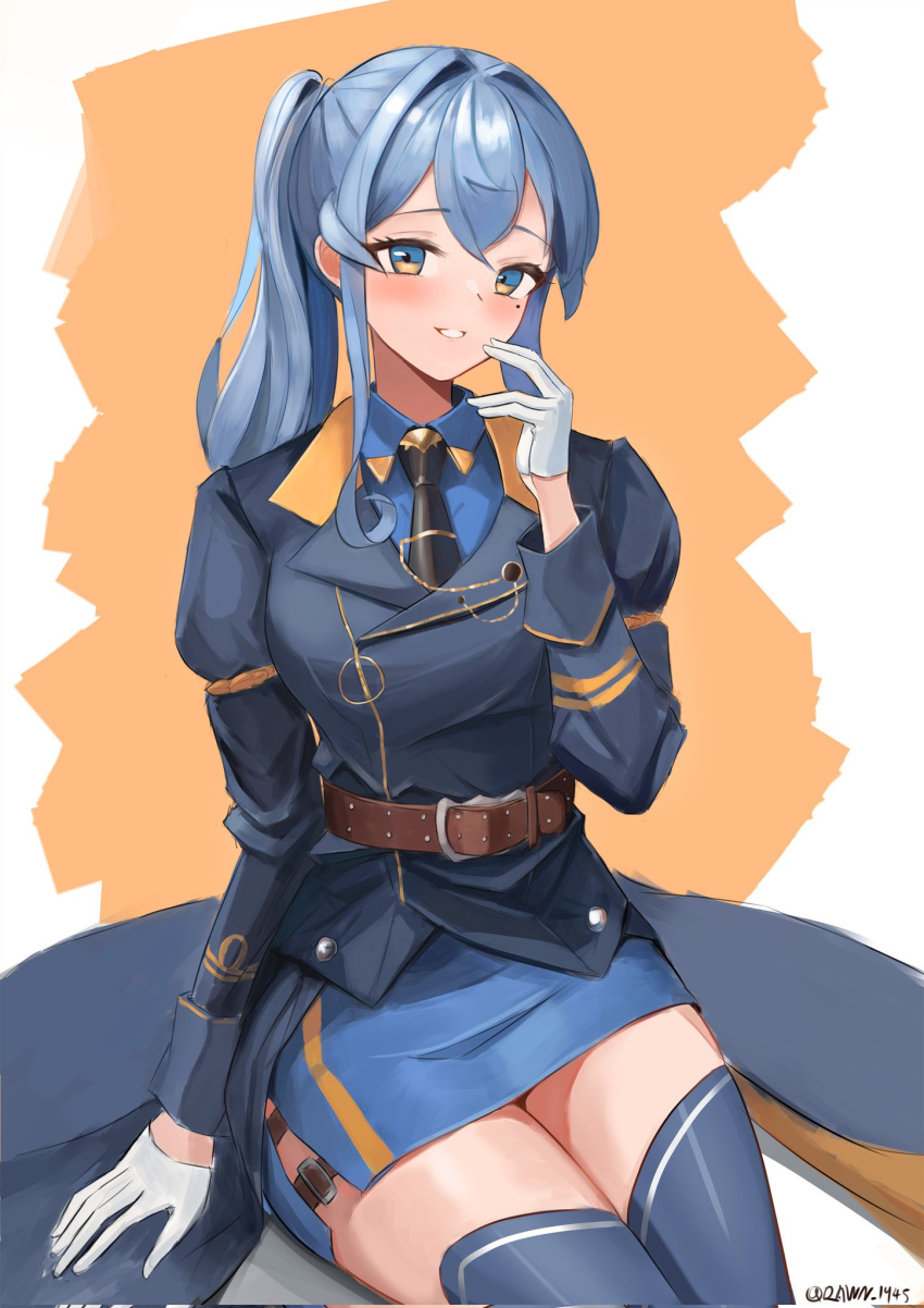 1girl alternate_hairstyle blue_eyes blue_hair blue_skirt blue_thighhighs blush breasts dawn_1945 gloves gotland_(kancolle) hair_between_eyes half_gloves highres kantai_collection long_hair long_sleeves looking_at_viewer medium_breasts military_uniform mole mole_under_eye necktie shirt sitting skirt smile solo thighhighs uniform white_background white_gloves yellow_background