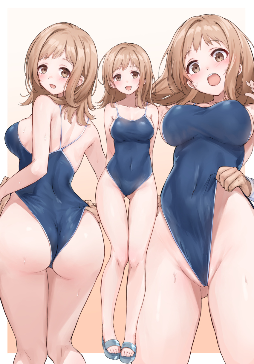 1boy 1girl arms_behind_back ass back bare_legs bare_shoulders blue_one-piece_swimsuit blush breasts brown_eyes cameltoe cleavage clothes_pull competition_school_swimsuit covered_navel groping highres huge_ass idolmaster idolmaster_shiny_colors large_breasts light_brown_hair looking_at_viewer looking_back medium_hair multiple_views one-piece_swimsuit one-piece_swimsuit_pull open_mouth partially_visible_vulva sakuragi_mano sandals school_swimsuit smile standing sweat swept_bangs swimsuit thighs toes wedgie yoi_naosuke
