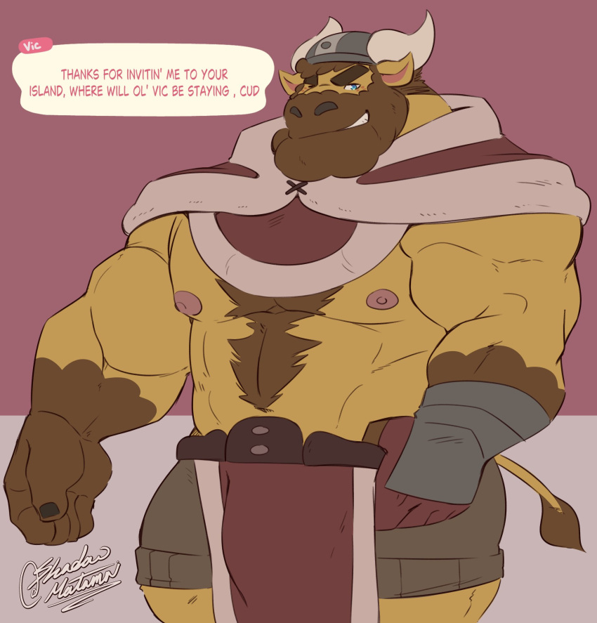 2024 animal_crossing anthro bottomwear bovid bovine cattle clothing dialogue english_text hi_res humanoid_hands male mammal muscular muscular_male nintendo nipples shadowmatamori shorts solo text vic_(animal_crossing) viking_helmet