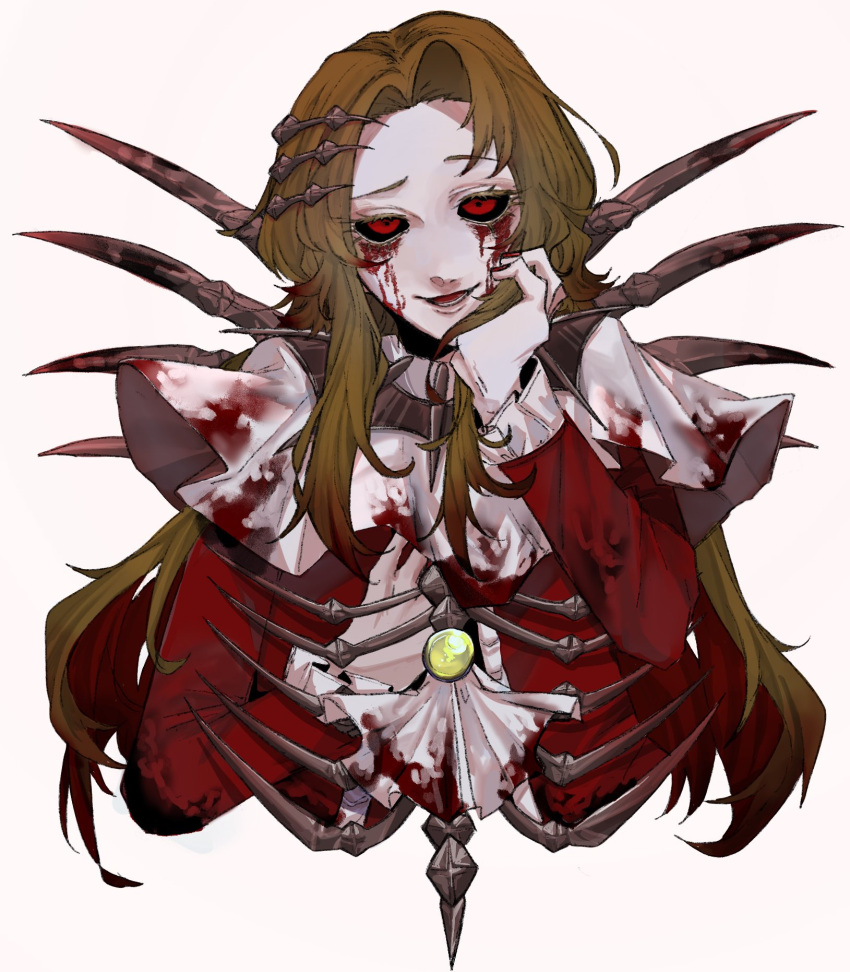 1girl ascot black_sclera blood blood_from_eyes blood_on_clothes blood_on_face brown_hair colored_sclera e.g.o_(project_moon) hand_up highres jacket limbus_company long_hair looking_at_viewer minihayagi open_mouth parted_bangs project_moon red_eyes red_jacket rodion_(project_moon) simple_background smile solo white_ascot white_background