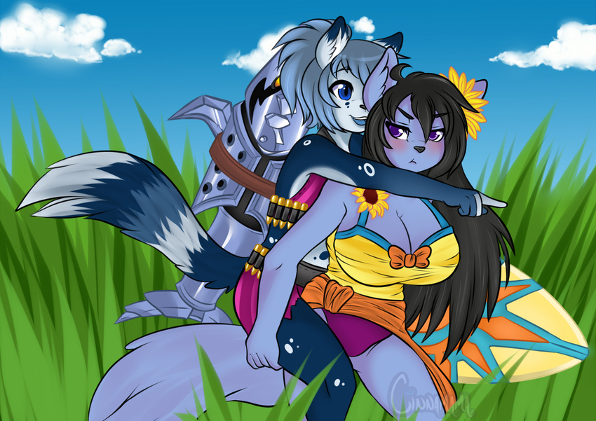 anthro aster beach_outfit carrying cinnamama costume dfs girly hyper jinx league_of_legends leona lily male piggyback sunflowers video_games