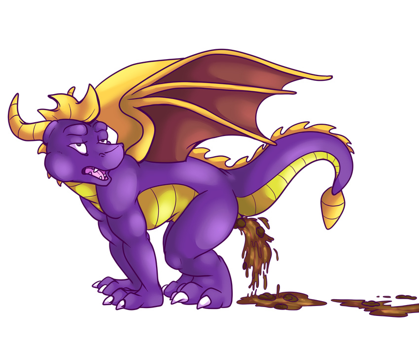 annoyed anus carnival-tricks claws digital_media_(artwork) dragon feces feral horn male membranous_wings open_mouth pooping scalie scat simple_background solo spyro spyro_the_dragon teeth video_games wings