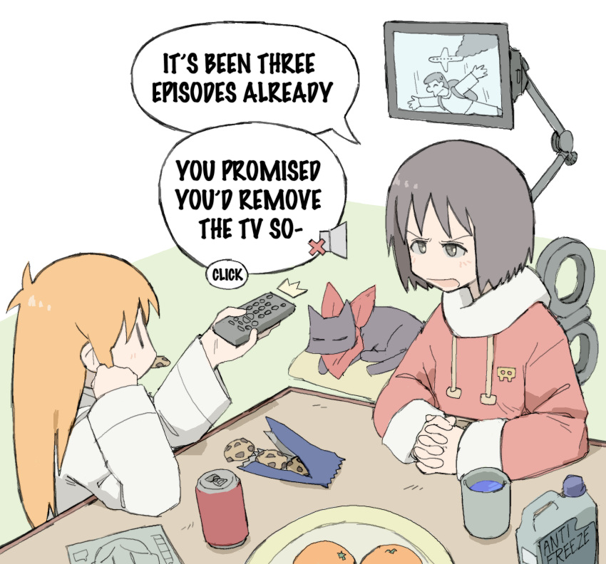 2girls absurdres android brown_hair can commentary controller cookie cup drink_can english_text food fruit highres holding holding_remote_control lab_coat mandarin_orange mouth_hold multiple_girls neckerchief nichijou open_mouth orange_hair own_hands_clasped own_hands_together pantsu-ripper pillow plate professor_shinonome red_neckerchief remote_control sakamoto_(nichijou) shinonome_nano soda_can television winding_key