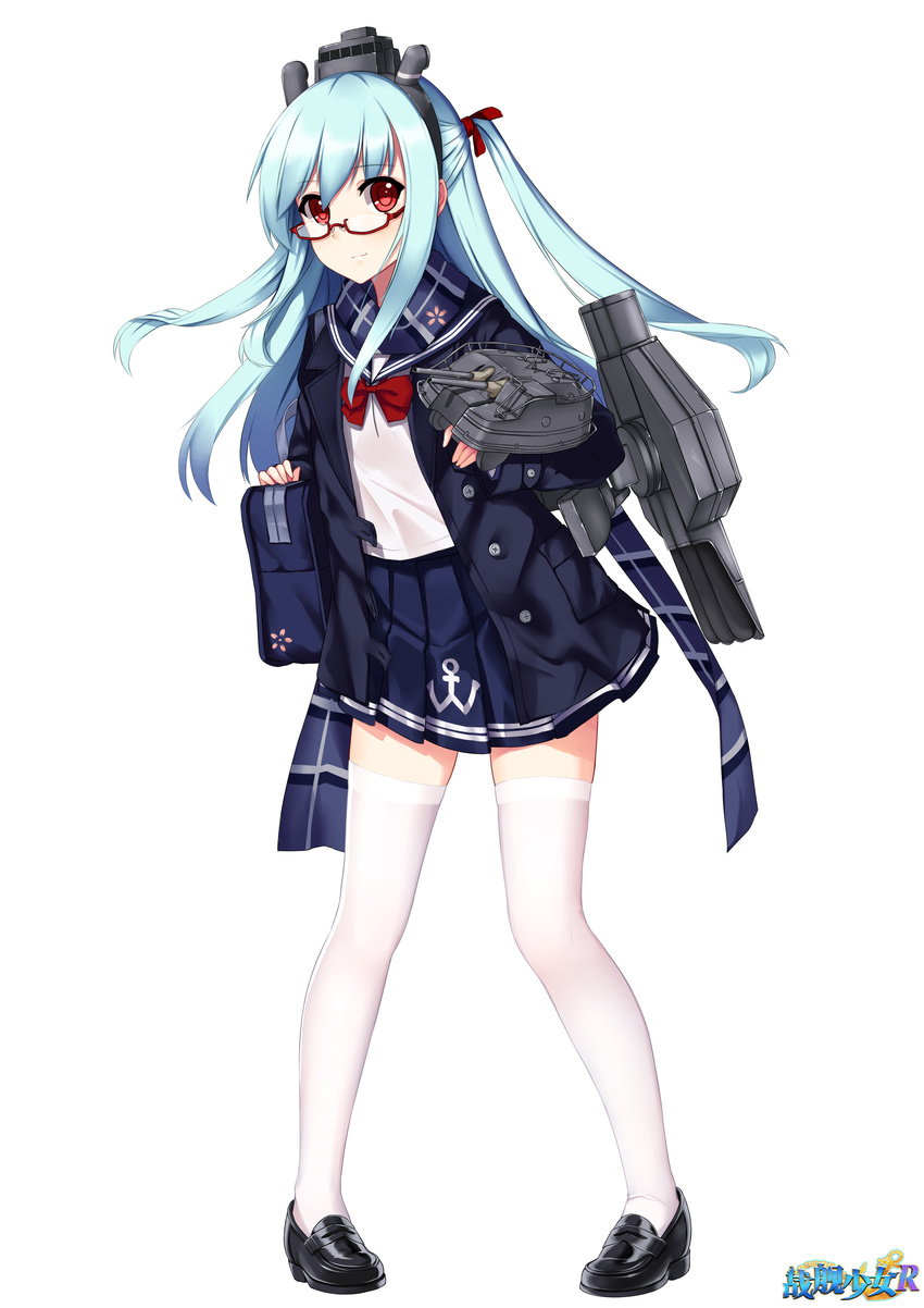 absurdres allenes alternate_costume anchor_symbol bag black_footwear blue_coat blue_hair blue_scarf blue_skirt buttons cannon closed_mouth coat copyright_name fubuki_(zhan_jian_shao_nyu) full_body glasses headgear highres legs_apart long_hair long_sleeves looking_at_viewer machinery official_art open_clothes open_coat pigeon-toed plaid plaid_scarf pleated_skirt pocket red-framed_eyewear red_eyes rigging scarf school_bag school_uniform serafuku shirt shoes skirt smile solo standing thighhighs torpedo turret twintails white_background white_legwear white_shirt zettai_ryouiki zhan_jian_shao_nyu