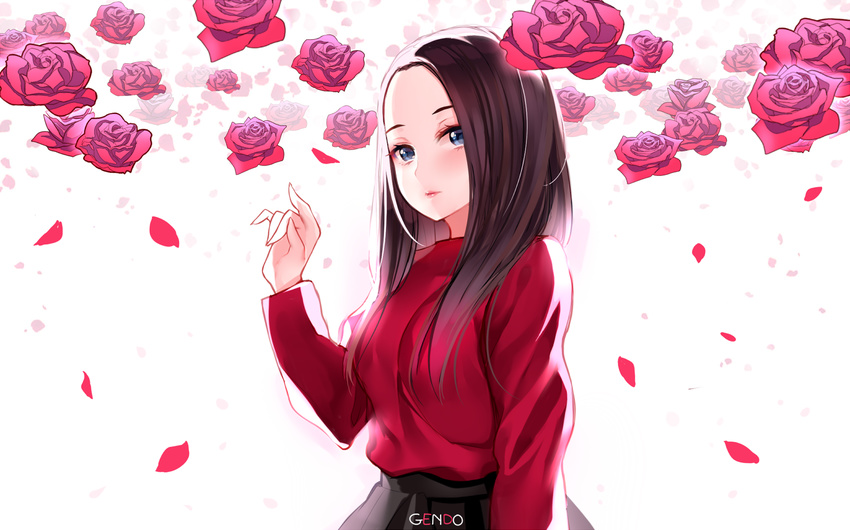 arm_at_side artist_name black_skirt blue_eyes breasts brown_hair closed_mouth commentary eyelashes flower gendo0032 highres lee_hi lipstick long_hair long_sleeves makeup medium_breasts petals real_life real_life_insert red_flower red_rose red_shirt rose shirt skirt solo upper_body white_background