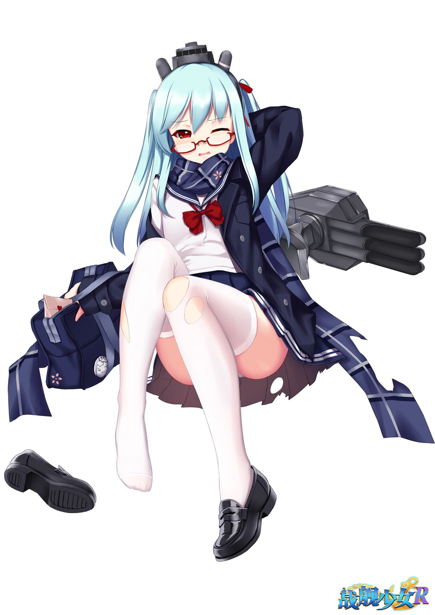 absurdres allenes alternate_costume bag black_footwear blue_coat blue_hair blue_scarf blue_skirt buttons coat copyright_name fubuki_(zhan_jian_shao_nyu) full_body glasses headgear highres knees_up letter long_hair long_sleeves looking_at_viewer love_letter machinery official_art one_eye_closed open_clothes open_coat open_mouth panties plaid plaid_scarf pleated_skirt red-framed_eyewear red_eyes rigging scarf school_bag school_uniform serafuku shirt shoes single_shoe sitting skirt solo thighhighs torn_clothes torn_legwear torpedo twintails underwear white_background white_legwear white_panties white_shirt zhan_jian_shao_nyu