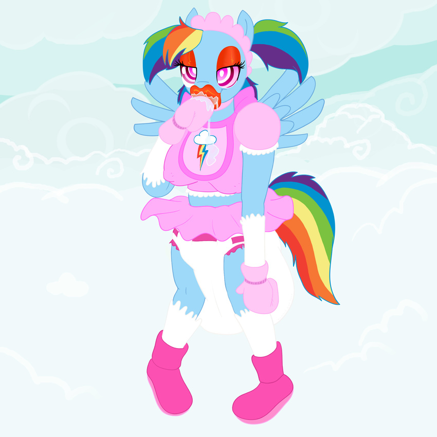 anthro anthrofied brainwashing clothing cutie_mark diaper equine eyelashes eyeshadow feathered_wings feathers female friendship_is_magic gloves hair makeup mammal multicolored_hair my_little_pony pegasus rainbow_dash_(mlp) rainbow_hair saliva skirt slippers smile solo sucking thumb_suck unknown_artist wings