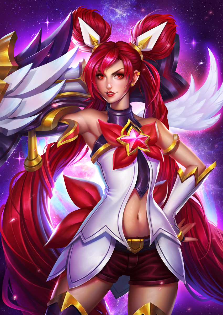 alternate_costume alternate_hairstyle armlet asymmetrical_gloves bare_shoulders double_bun earrings fingerless_gloves gloves grin hair_ornament hand_on_hip highres jewelry jinx_(league_of_legends) league_of_legends lipstick long_hair looking_at_viewer magical_girl makeup navel nebula red_eyes red_hair red_lipstick short_shorts shorts smile solo star star_guardian_jinx thighhighs tin_bui twintails very_long_hair