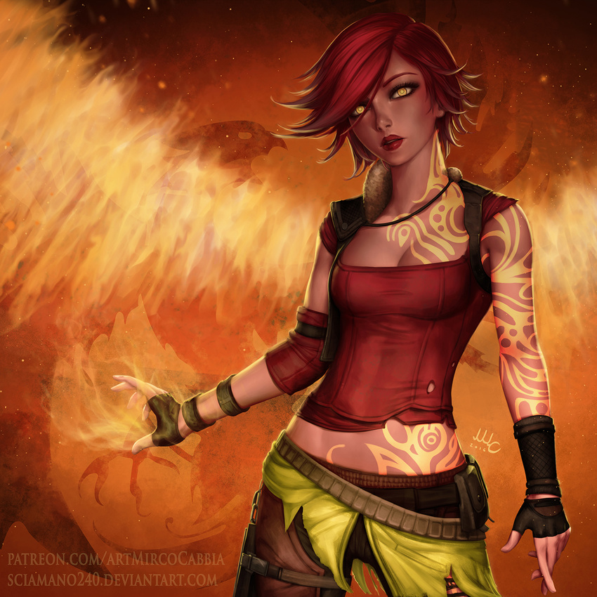 belt bob_cut borderlands breasts cleavage deviantart_username fingerless_gloves fire gloves highres lilith_(borderlands) lipstick looking_at_viewer makeup medium_breasts midriff nose patreon_username pouch realistic red_hair red_lipstick sciamano240 short_hair signature siren_(borderlands) solo tattoo watermark web_address yellow_eyes