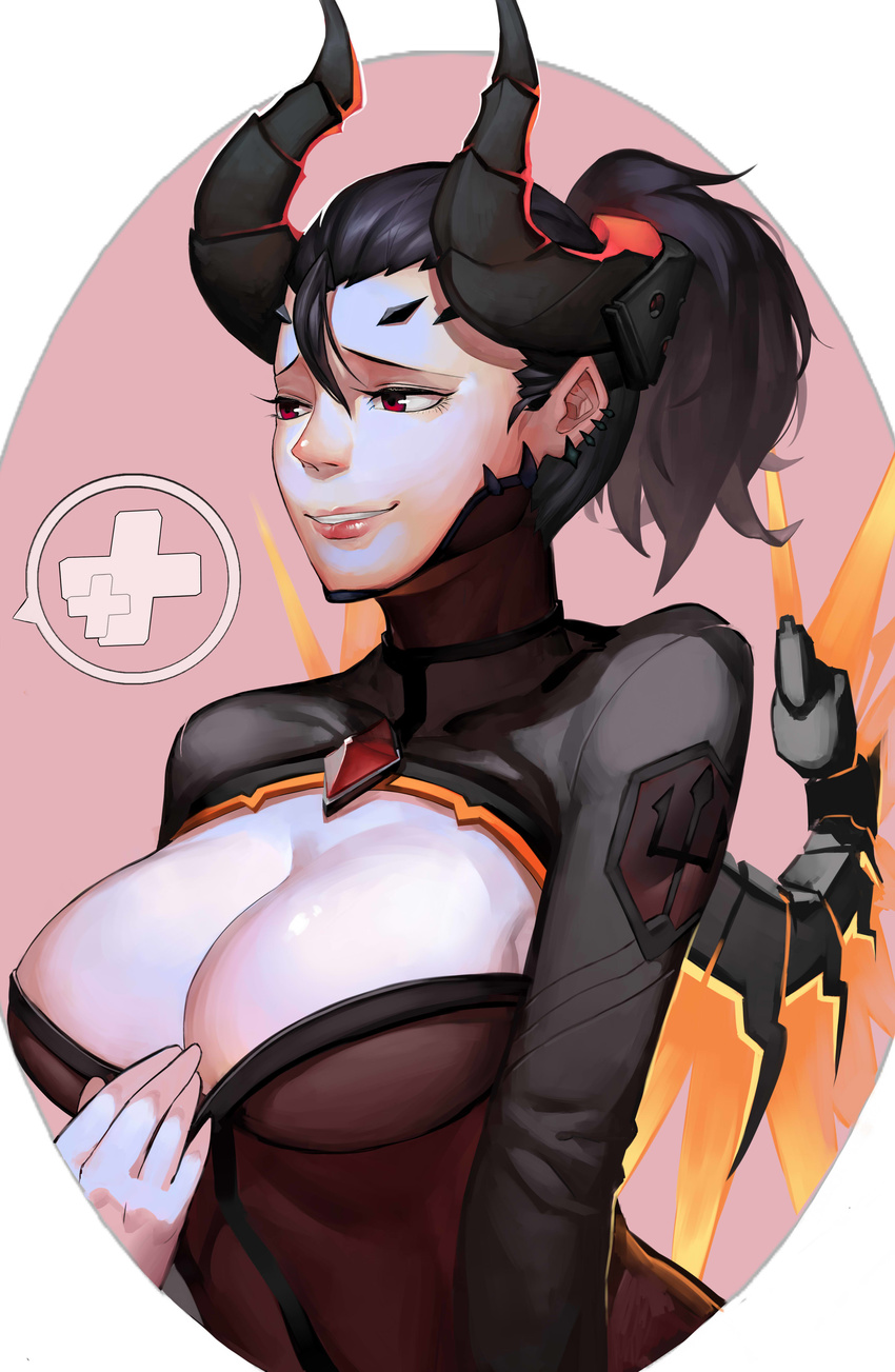 absurdres alternate_costume black_hair bodysuit breast_squeeze breasts brown_eyes cleavage_cutout cleavage_reach commentary_request dark_persona demon_horns devil_mercy earrings emblem facial_mark forehead_mark glowing glowing_wings highres horns jewelry large_breasts lips looking_away mechanical_wings mercy_(overwatch) nose orange_wings overwatch pale_skin parted_lips patch pink_background ponytail ri_(1071362165) seductive_smile simple_background smile solo stud_earrings upper_body white_background wings