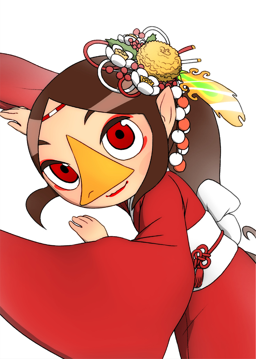 animal_humanoid avian avian_humanoid brown_hair clothing female hair holidays humanoid japanese_clothing kimono lipstick makeup medli new_year nintendo o-den point_ears red_eyes rito simple_background solo the_legend_of_zelda video_games white_background wind_waker