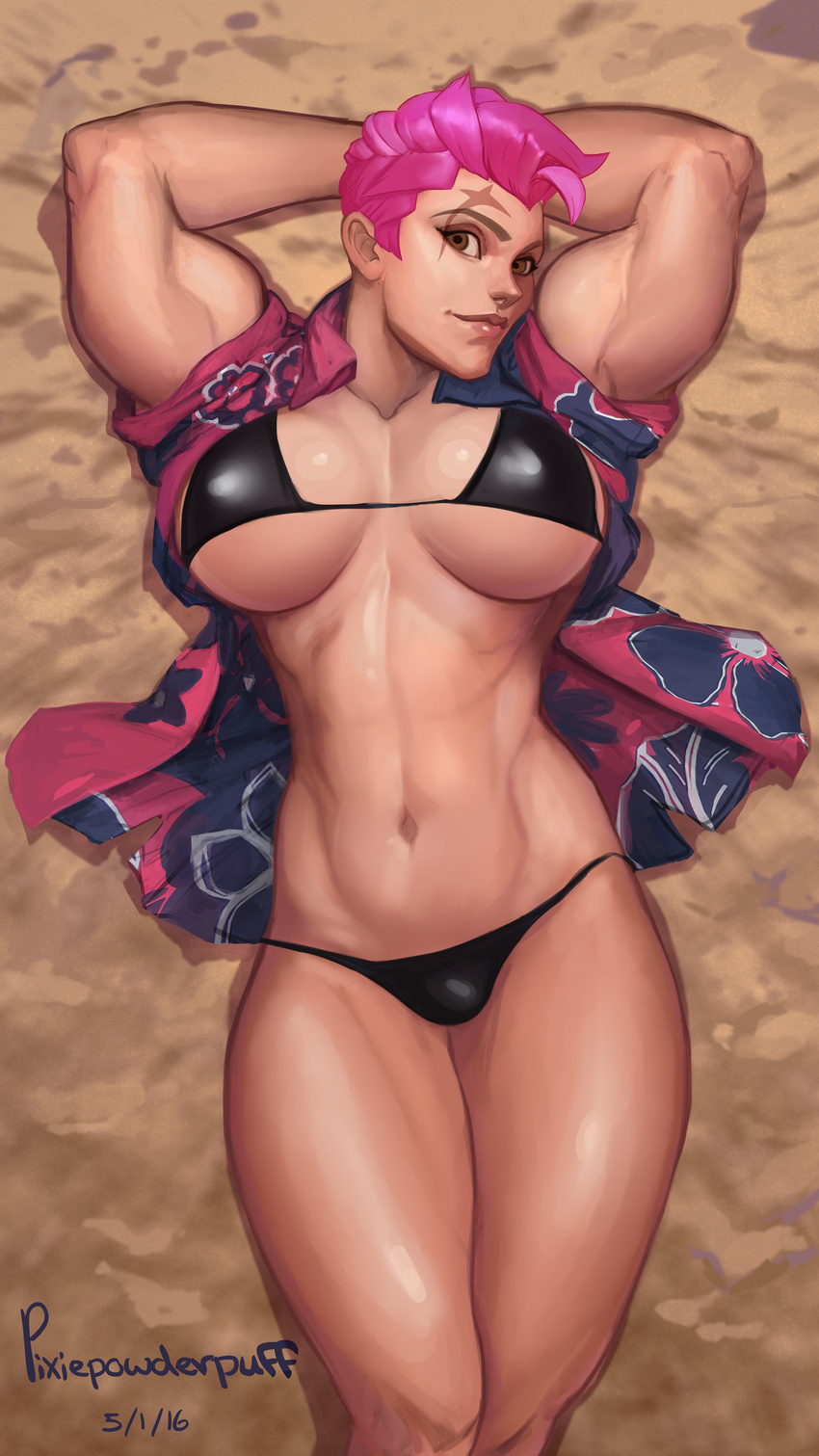 abs absurdres arms_behind_head artist_name beach biceps bikini black_bikini breasts breasts_apart cowboy_shot dated hawaiian_shirt highres huge_filesize large_breasts lips lying muscle muscular_female navel on_back open_clothes open_shirt overwatch pink_hair pixiepowderpuff scar scar_across_eye shirt short_hair solo swimsuit thick_thighs thighs underboob undercut very_short_hair zarya_(overwatch)