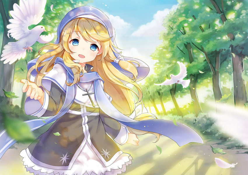 bird blonde_hair blue_eyes blue_scarf cross cross_necklace day dress habit hair_ribbon highres jewelry long_hair magi_in_wanchin_basilica necklace nun open_mouth outdoors ribbon scarf solo tree white_feathers white_ribbon xiao_ma