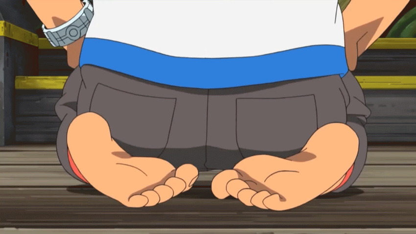 1boy bare_feet barefoot boy_feet feet male_focus pokemon pokemon_sm pokemon_sm_(anime) satoshi_(pokemon)