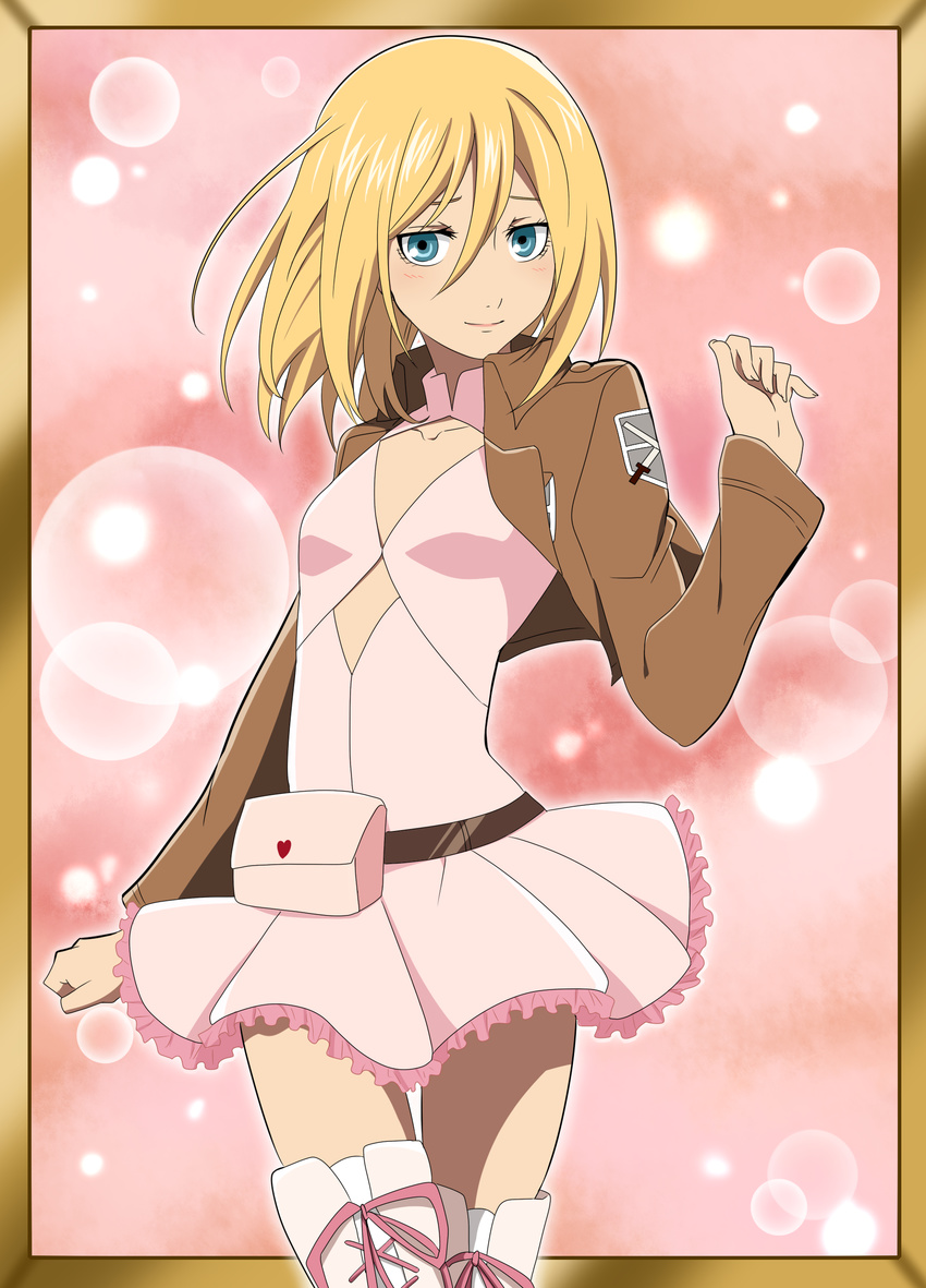 absurdres blonde_hair blue_eyes boots brown_jacket christa_renz collarbone cross-laced_footwear dress emblem flat_chest highres jacket lace-up_boots looking_at_viewer open_clothes open_jacket paradis_military_uniform pink_dress rumia_(compacthuman) shingeki_no_kyojin short_hair smile solo thigh_boots thighhighs training_corps_(emblem) white_footwear