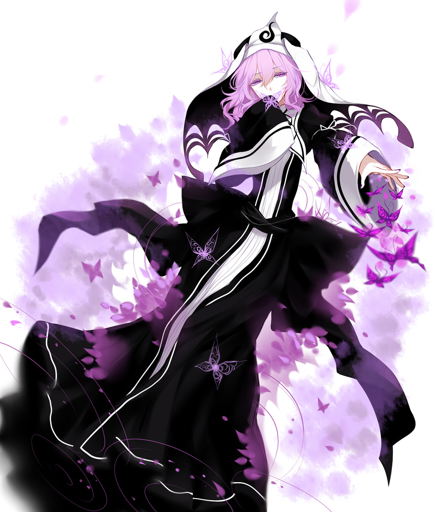 absurdres bad_id bad_pixiv_id black_dress bug butterfly covering_mouth dress hair_between_eyes half-closed_eyes highres insect koumajou_densetsu koumajou_densetsu_2 long_sleeves looking_at_viewer pink_eyes pink_hair saigyouji_yuyuko sheya solo touhou triangular_headpiece veil wide_sleeves