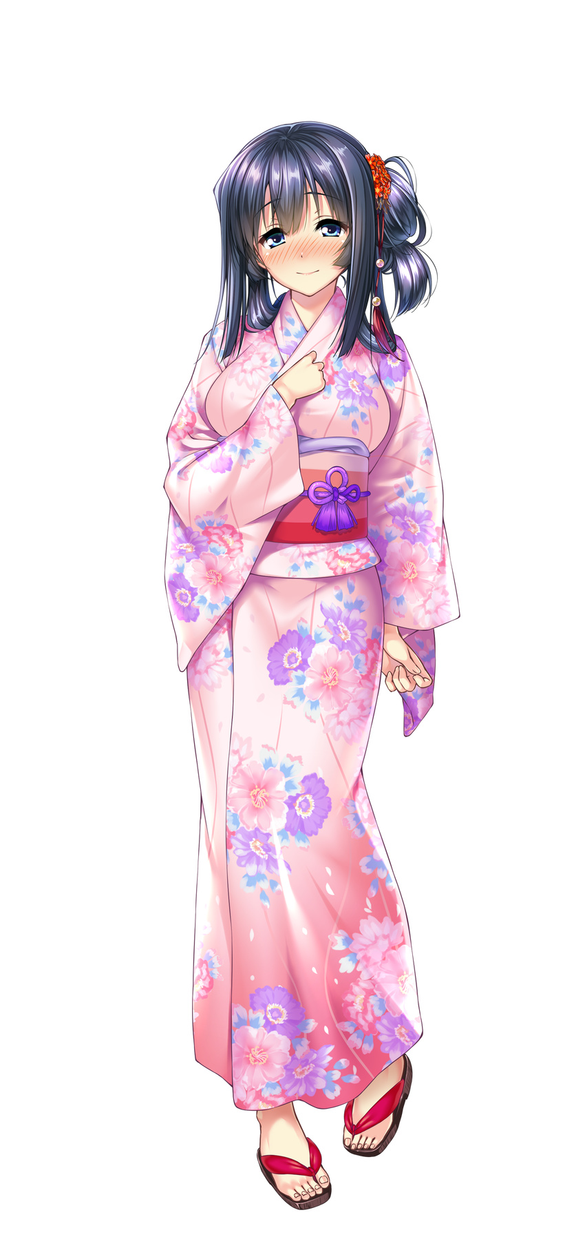 absurdres amakano black_hair floral_print full_body hair_bun hair_ornament highres japanese_clothes kimono long_hair long_sleeves looking_at_viewer obi official_art pigeon-toed piromizu sandals sash smile solo takayashiro_sayuki transparent_background yukata