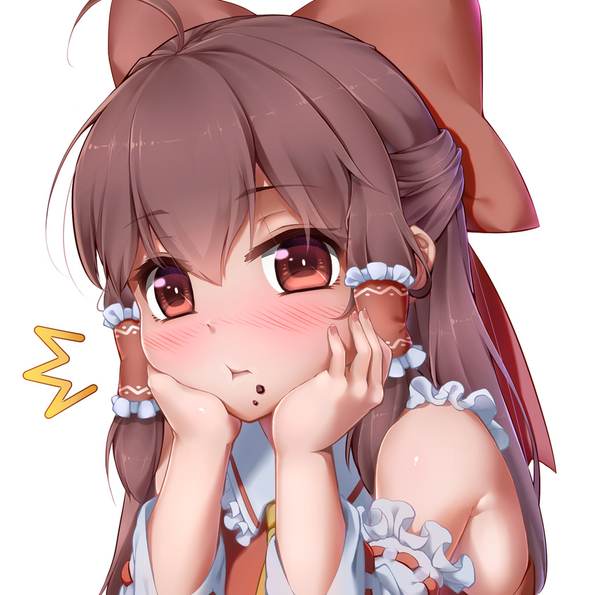 1girl ahoge ascot bare_shoulders blush bow brown_eyes brown_hair chocolate detached_sleeves eating eyebrows_visible_through_hair fingernails food food_in_mouth food_on_face frilled_shirt_collar frilled_sleeves frills hair_bow hair_tubes hakurei_reimu hands_on_own_cheeks hands_on_own_face highres long_fingernails long_hair looking_at_viewer nail_polish nose_blush pink_nails red_bow red_eyes red_shirt ribbon-trimmed_sleeves ribbon_trim shirt sidelocks simple_background solo touhou white_background wide_sleeves xuanlin_jingshuang