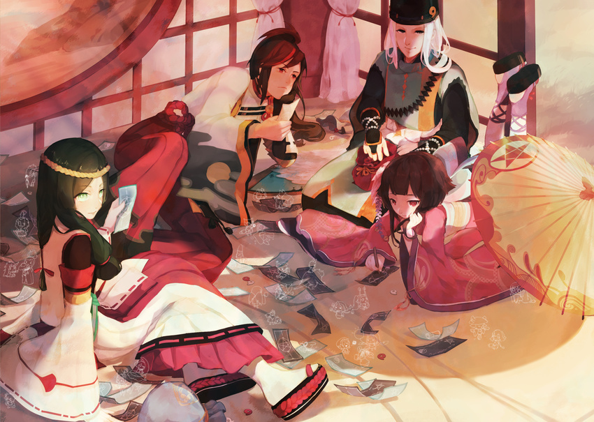 2girls abe_no_seimei_(onmyoji) anna_(anna1997) aragawa_no_aruji black_hair brown_hair chibi daitengu drawing enma_(onmyoji) gaki_(onmyoji) green_eyes hand_rest hat highres ibaraki_(onmyoji) indoors inugami_(onmyoji) kagura_(onmyoji) kappa_(onmyoji) karasu_tengu_(onmyoji) kochou_no_sei_(onmyoji) koi_(onmyoji) kubinashi_(onmyoji) long_hair lying magatama minamoto_no_hiromasa miniboy minigirl momo_(onmyoji) multiple_boys multiple_girls on_side onmyoji parasol red_eyes sandals shinigami shishio_(onmyoji) sitting tesso_(onmyoji) tiaotiaomeimei ubume_(onmyoji) umbrella ushi_no_toki_(onmyoji) white_hair white_legwear wide_sleeves yamausagi yaobikuni_(onmyoji) ying_grass youko_(onmyoji) yumekui_(onmyoji) zashiki-warashi_(onmyoji)