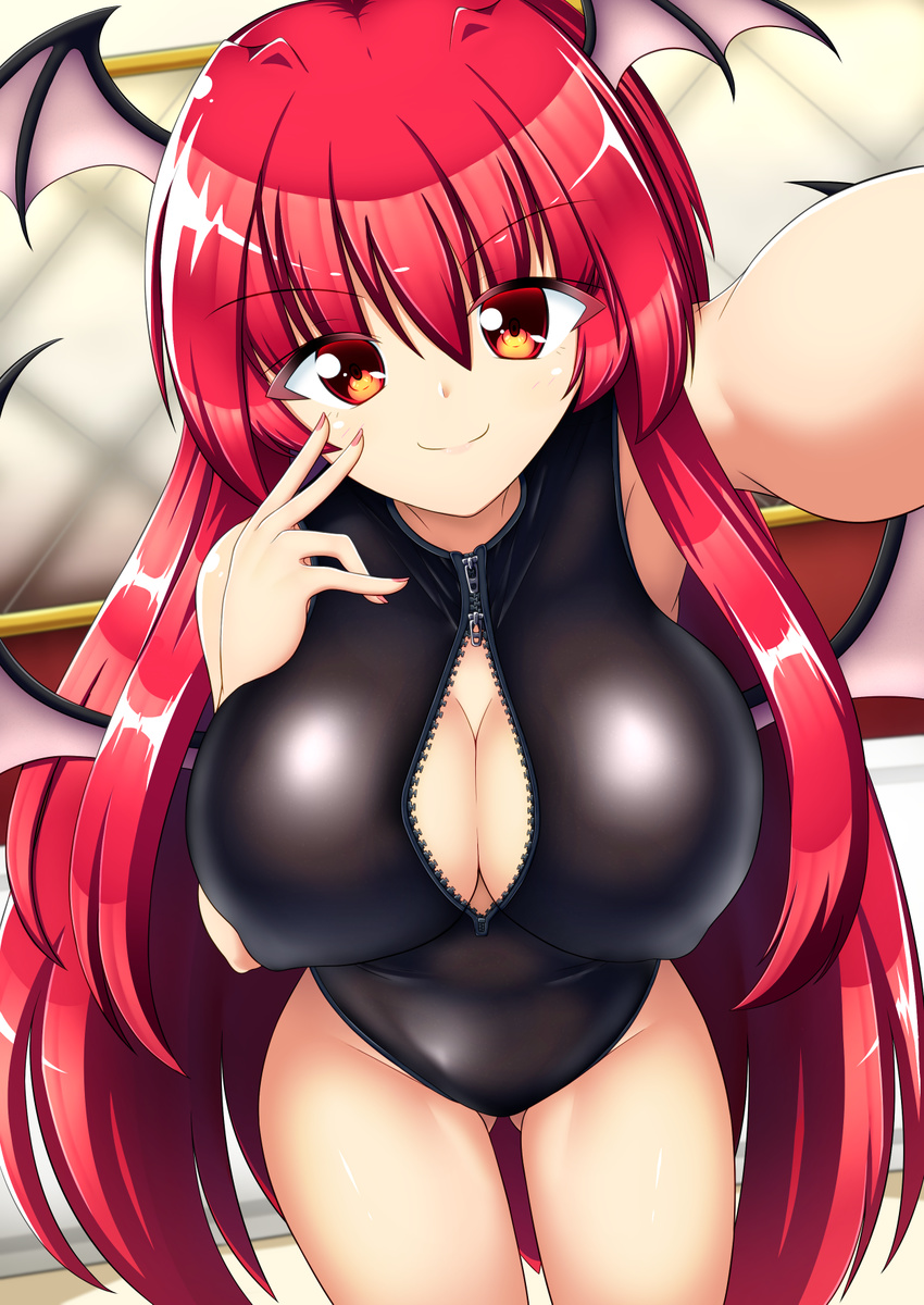 alternate_costume ass_visible_through_thighs bed black_swimsuit breasts cleavage colored_eyelashes covered_nipples eyes_visible_through_hair fingernails fingers_to_cheek foreshortening from_above front_zipper_swimsuit gradient_eyes head_tilt highres indoors kagayama_hajime koakuma large_breasts long_hair meme_attire multicolored multicolored_eyes nail_polish one-piece_swimsuit orange_eyes perspective pink_nails puffy_nipples red_eyes red_hair self_shot shiny shiny_clothes shiny_hair sitting smile solo swimsuit thighs touhou very_long_hair