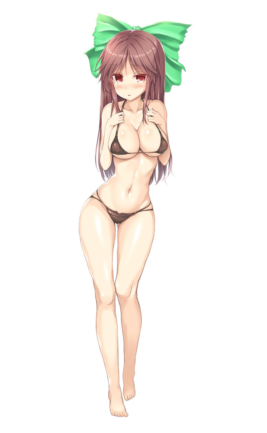 :o barefoot bikini black_bikini blush breasts brown_hair cleavage collarbone commentary_request full-face_blush full_body hair_ornament hair_ribbon highres large_breasts long_hair looking_at_viewer midriff mokumokuren_(atariya_kyoushitsu) navel no_wings open_mouth red_eyes reiuji_utsuho ribbon shiny shiny_skin simple_background skindentation solo swimsuit touhou white_background